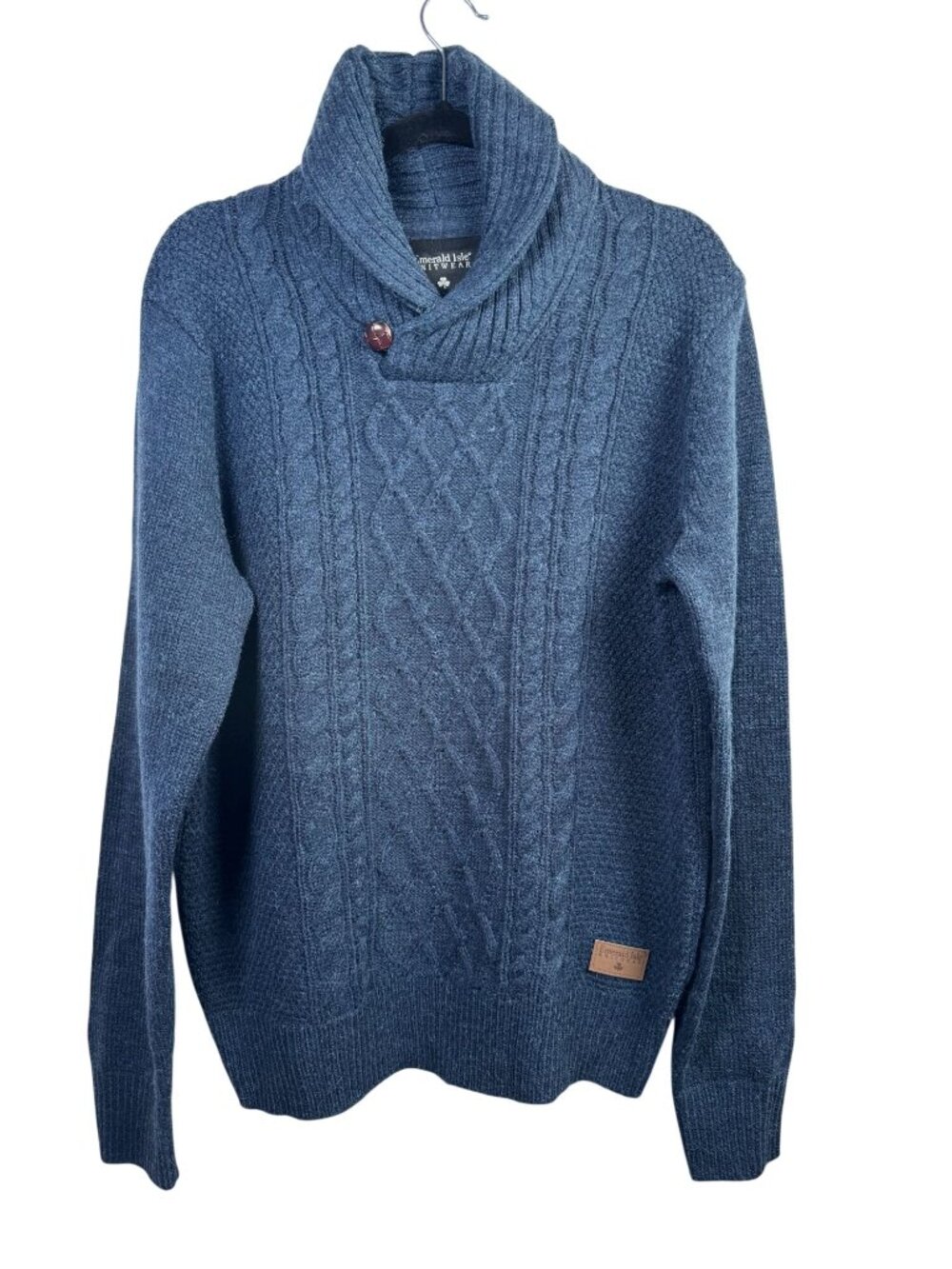 Emerald Isle Knitwear Blue Cable Knit Wool Blend Sweater sz Large Shawl Collar